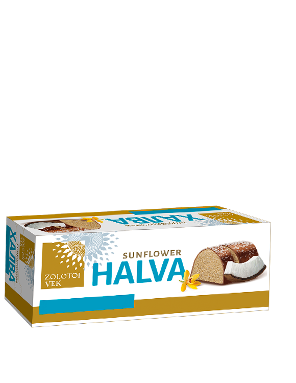 Sunflower halva vanilla with coconut chips in glaze